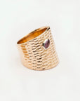 Reptilia ring in 14k recycled gold with natural gemstone bezel-set in sterling silver, front view on white.