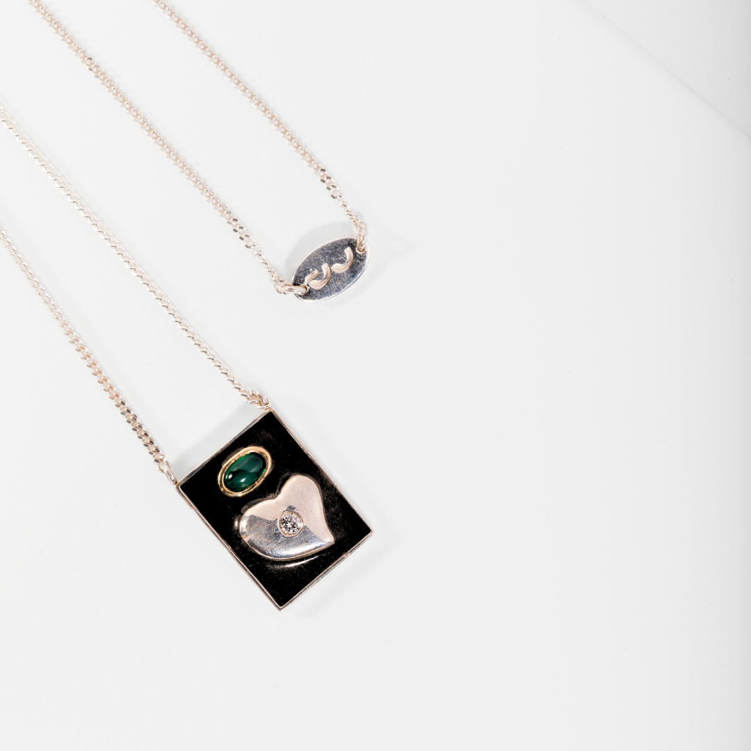 Grace Necklace Grande in recycled sterling silver and yellow gold with chrysoprase and ethical diamond, detail view. Carlota Guardia Jewelry.