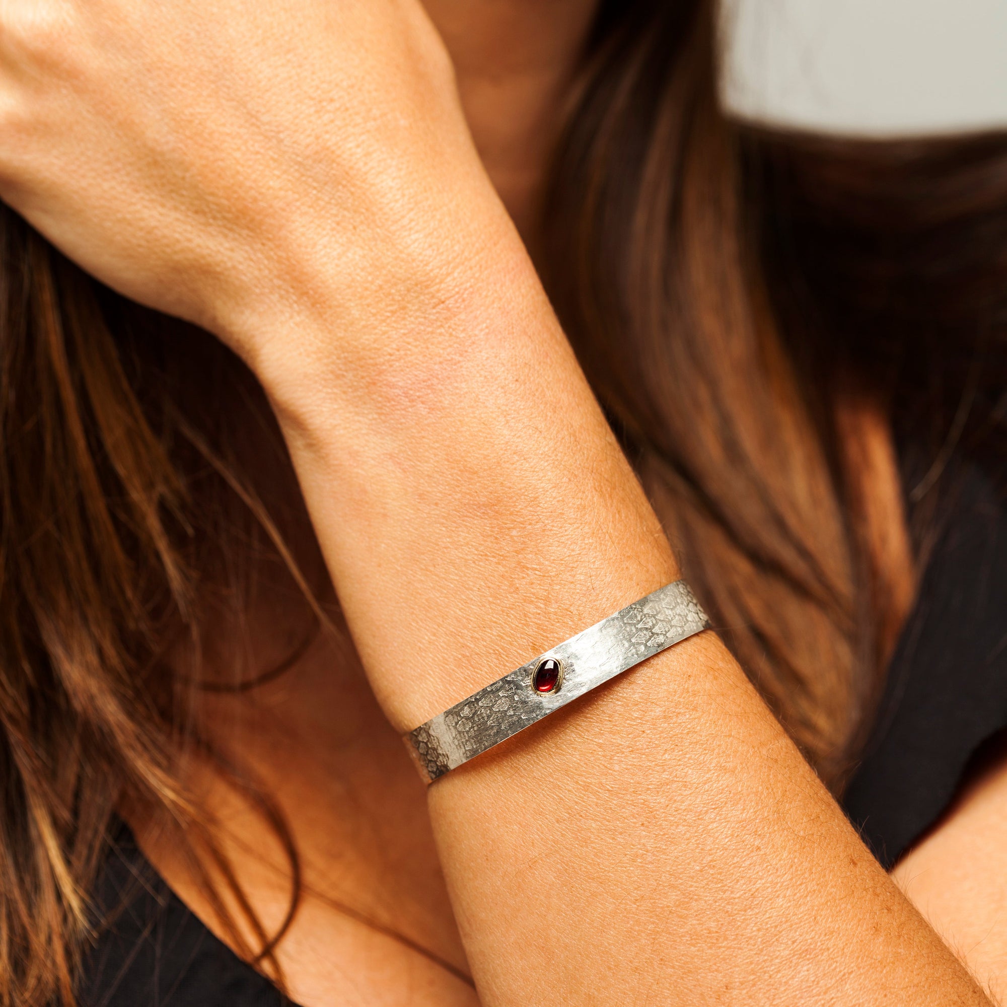Reptilia Minima vermeil cuff with natural gemstone, second on-wrist styling view.